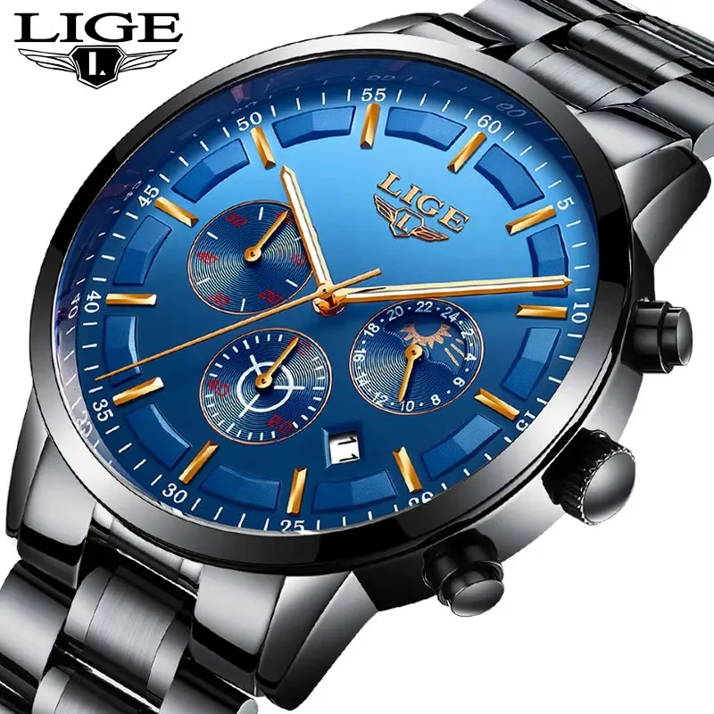 LIGE Männer Quarzuhr Luxus Sport Wasserdichte Chronograph Leucht Datum Mann Armbanduhr Business herren Uhren Uhr + Geschenk box Image