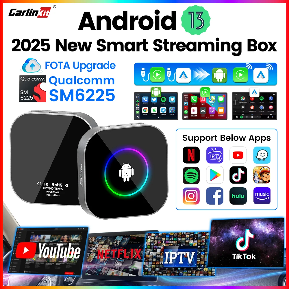 CarlinKit 2025 New R2 Smart Streaming Box Android 13 CarPlay Ai TV Box For Netflix YouTube SM6225 Wireless Android Auto &CarPlay