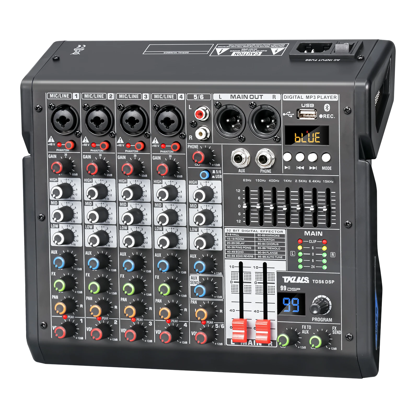 Tklbls TDS6 6-channel mixer 48V 99 effects Fx USB Mp3 balanced 110-240V