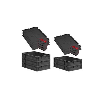 PROREGAL SuperSparSet 5x Eurobox NextGen Grip mit Scharnierdeckel & roten Verschlüssen, HxBxT 12x40x60cm, 23L, Schwarz, Griffe zu, Eurobehälter Image
