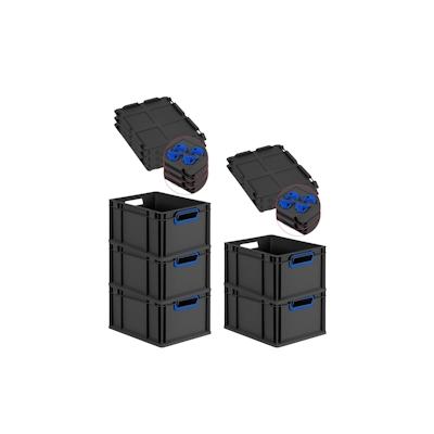 PROREGAL SparSet 5x Eurobox NextGen Color mit Auflagedeckel & Verschlüsse, HxBxT 22x30x40cm, 20L, Schwarz, Griffe blau offen, Eurobehälter Image