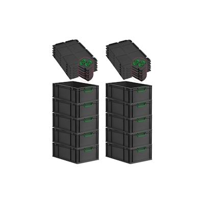 PROREGAL SparSet 10x Eurobox NextGen Color mit Auflagedeckel & Verschlüsse, HxBxT 22x40x60cm, 44L, Schwarz, Griffe grün zu, Eurobehälter Image