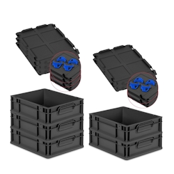 PROREGAL SparSet 5x Eurobox NextGen Grip mit Auflagedeckel & 4 blauen Verschlüssen, HxBxT 12x30x40cm, 11L, Schwarz, Griffe zu, Eurobehälter Image