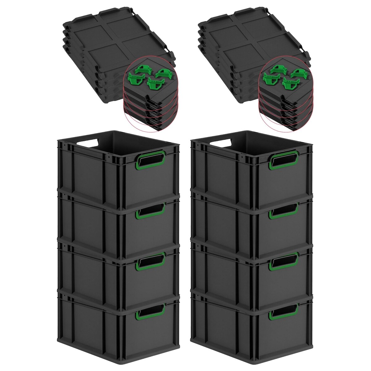 PROREGAL SuperSparSet 8x Eurobox NextGen Color mit Auflagedeckel & Verschlüsse, HxBxT 22x30x40cm, 20L, Schwarz, Griffe grün offen, Eurobehälter Image