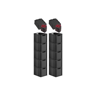 PROREGAL SuperSparSet 10x Eurobox NextGen Grip mit Scharnierdeckel & roten Verschlüssen, HxBxT 32x30x40cm, 30L, Schwarz, Griffe offen, Eurobehälter Image