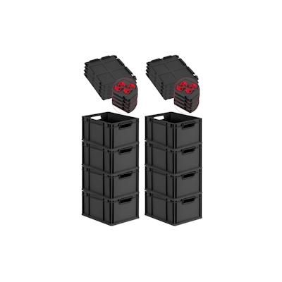 PROREGAL SuperSparSet 8x Eurobox NextGen Grip mit Scharnierdeckel & roten Verschlüssen, HxBxT 22x30x40cm, 20L, Schwarz, Griffe offen, Eurobehälter Image