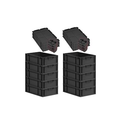 PROREGAL SuperSparSet 10x Eurobox NextGen Grip mit Scharnierdeckel & schwarzen Verschlüssen, HxBxT 17x40x60cm, 34L, Schwarz, Griffe zu, Eurobehälter Image