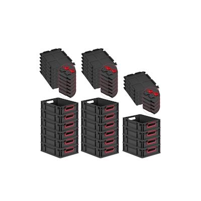 PROREGAL SuperSparSet 16x Eurobox NextGen Color mit Scharnierdeckel & Verschlüssen, HxBxT 12x30x40cm, 11L, Schwarz, Griffe rot offen, Eurobehälter Image