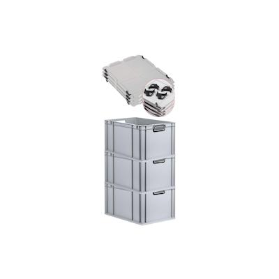 PROREGAL SuperSparSet 3x Eurobox NextGen Color mit Auflagedeckel & Verschlüsse, HxBxT 32x40x60cm, 65L, Grau, Griffe schwarz offen, Eurobehälter Image