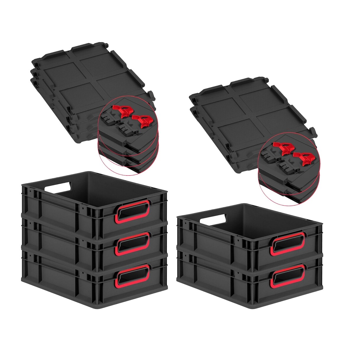 PROREGAL SuperSparSet 5x Eurobox NextGen Color mit Scharnierdeckel & Verschlüssen, HxBxT 12x30x40cm, 11L, Schwarz, Griffe rot offen, Eurobehälter Image