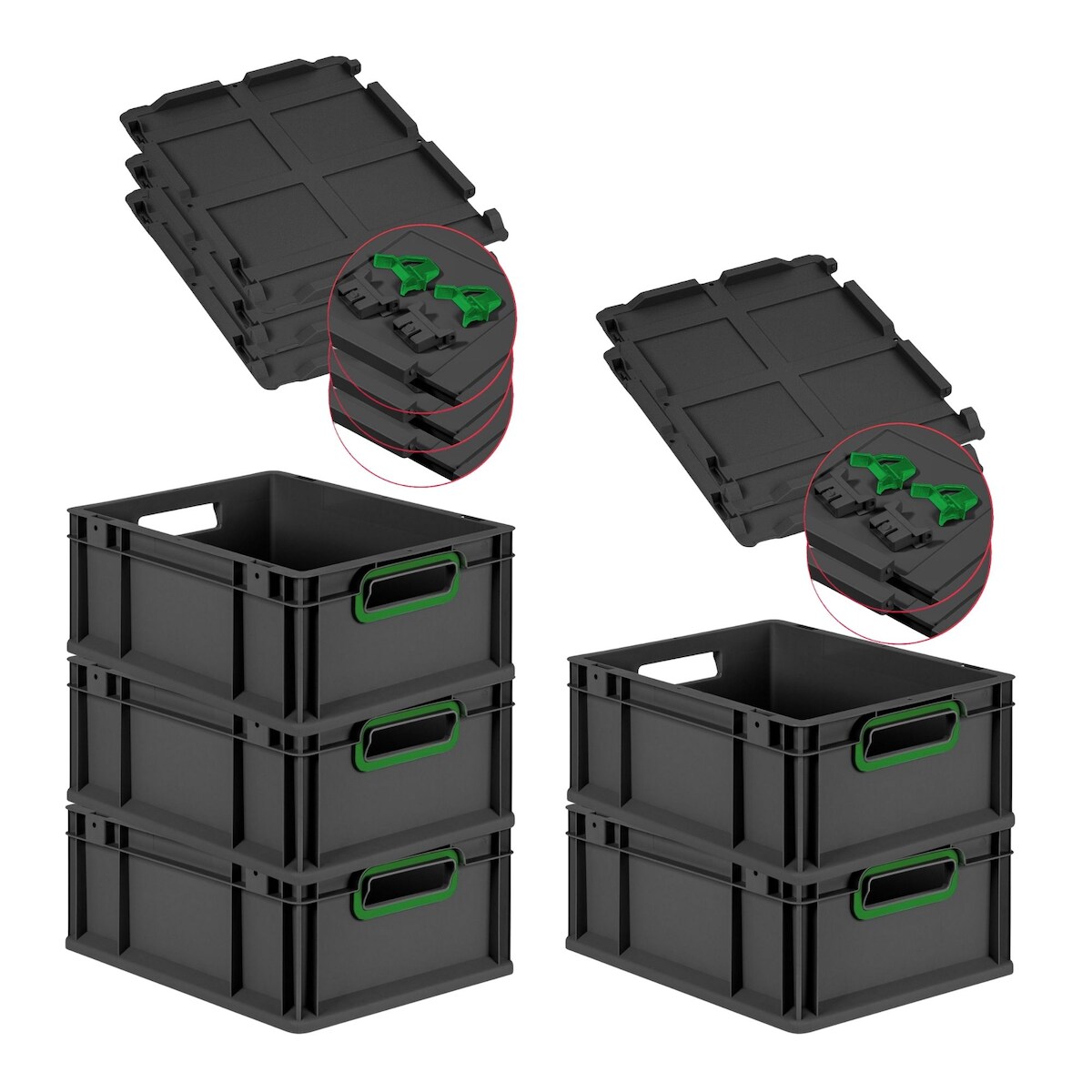 PROREGAL SuperSparSet 5x Eurobox NextGen Color mit Scharnierdeckel & Verschlüssen, HxBxT 17x30x40cm, 16L, Schwarz, Griffe grün offen, Eurobehälter Image