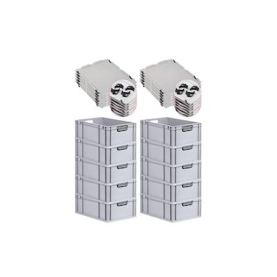 PROREGAL SparSet 10x Eurobox NextGen Color mit Auflagedeckel & Verschlüsse, HxBxT 22x40x60cm, 44L, Grau, Griffe schwarz offen, Eurobehälter Image