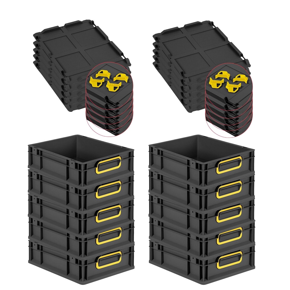 PROREGAL SparSet 10x Eurobox NextGen Color mit Auflagedeckel & Verschlüsse, HxBxT 12x30x40cm, 11L, Schwarz, Griffe gelb zu, Eurobehälter Image