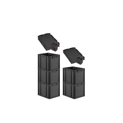 PROREGAL SuperSparSet 5x Eurobox NextGen Grip mit Scharnierdeckel & schwarzen Verschlüssen, HxBxT 32x30x40cm, 30L, Schwarz, Griffe zu, Eurobehälter Image