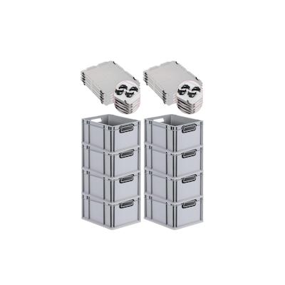 PROREGAL SuperSparSet 8x Eurobox NextGen Color mit Auflagedeckel & Verschlüsse, HxBxT 22x30x40cm, 20L, Grau, Griffe schwarz offen, Eurobehälter Image
