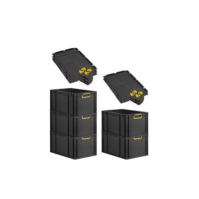 PROREGAL SparSet 5x Eurobox NextGen Color mit Auflagedeckel & Verschlüsse, HxBxT 32x40x60cm, 65L, Schwarz, Griffe gelb zu, Eurobehälter Image