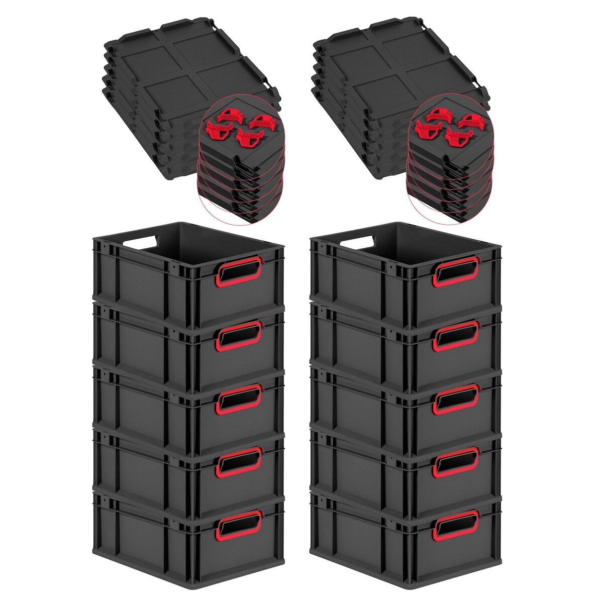PROREGAL SuperSparSet 10x Eurobox NextGen Color mit Auflagedeckel & Verschlüsse, HxBxT 17x30x40cm, 16L, Schwarz, Griffe rot offen, Eurobehälter Image