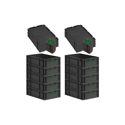 PROREGAL SparSet 10x Eurobox NextGen Color mit Auflagedeckel & Verschlüsse, HxBxT 17x40x60cm, 34L, Schwarz, Griffe grün zu, Eurobehälter Image