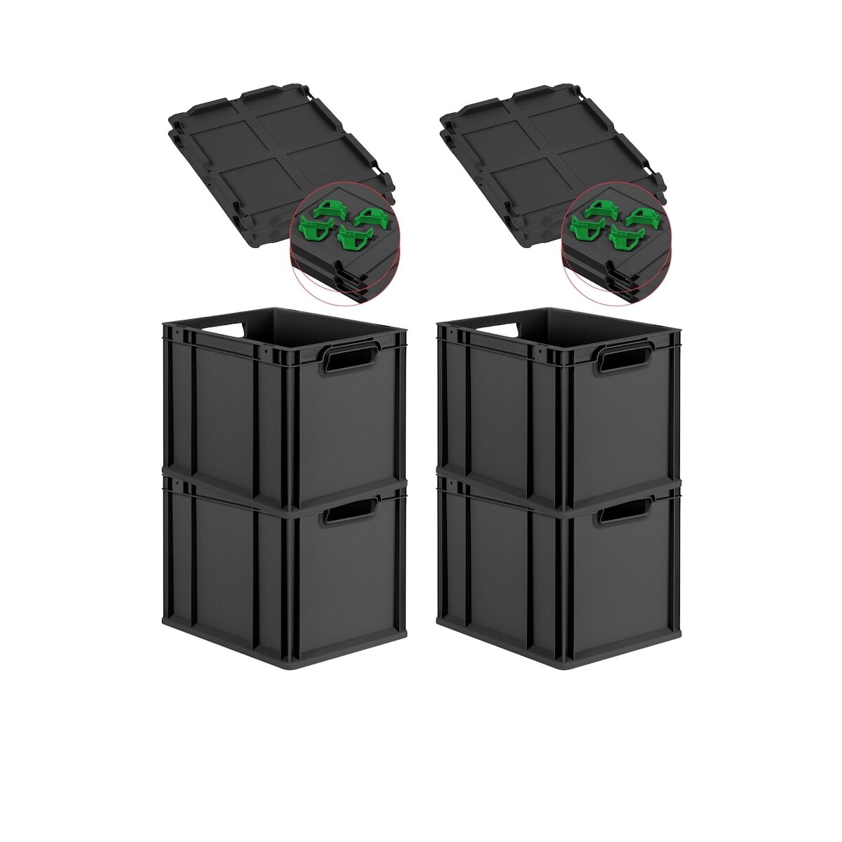 PROREGAL SuperSparSet 4x Eurobox NextGen Grip mit Auflagedeckel & 4 grünen Verschlüssen, HxBxT 32x30x40cm, 30L, Schwarz, Griffe offen, Eurobehälter Image