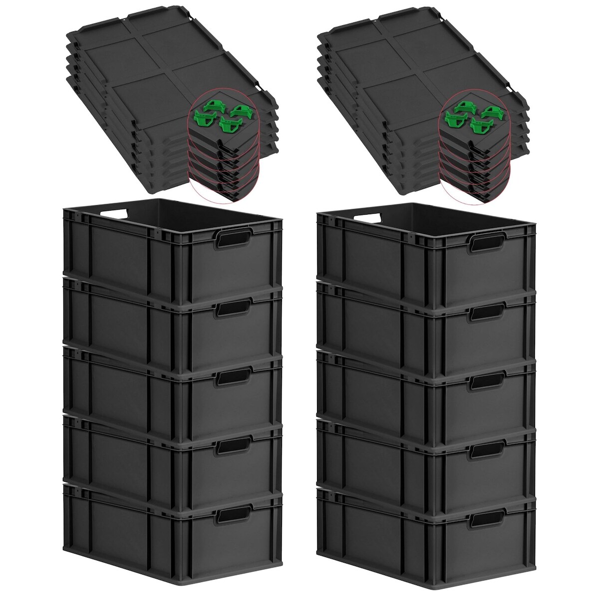 PROREGAL SparSet 10x Eurobox NextGen Grip mit Auflagedeckel & 4 grünen Verschlüssen, HxBxT 22x40x60cm, 44L, Schwarz, Griffe offen, Eurobehälter Image