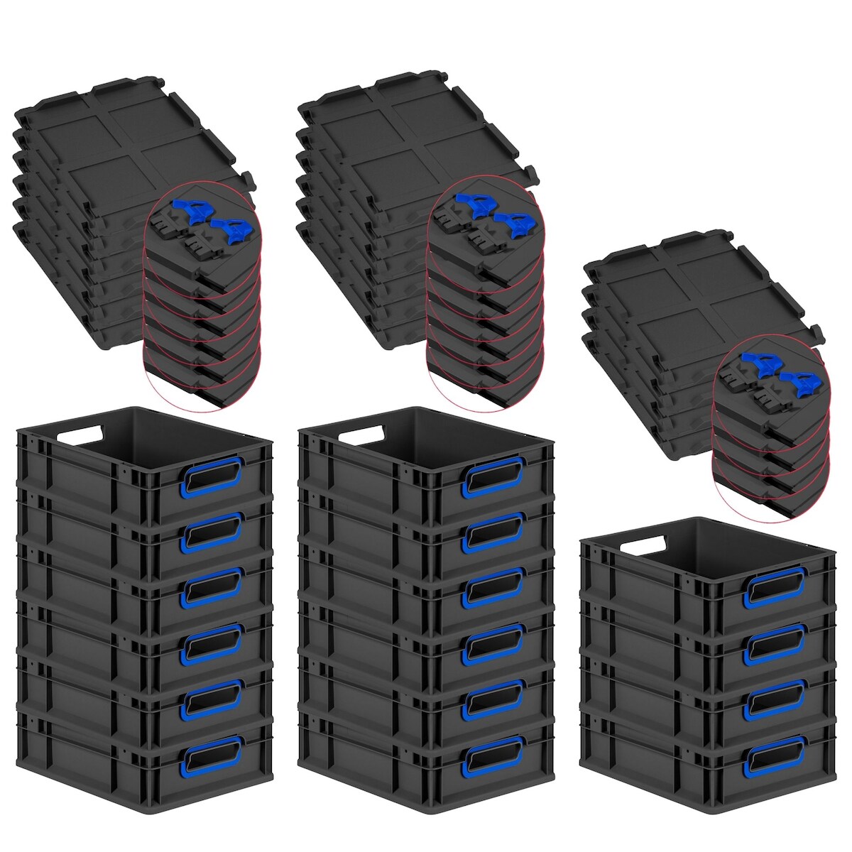 PROREGAL SuperSparSet 16x Eurobox NextGen Color mit Scharnierdeckel & Verschlüssen, HxBxT 12x30x40cm, 11L, Schwarz, Griffe blau offen, Eurobehälter Image