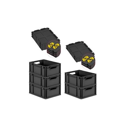PROREGAL SparSet 5x Eurobox NextGen Grip mit Auflagedeckel & 4 gelben Verschlüssen, HxBxT 17x30x40cm, 16L, Schwarz, Griffe offen, Eurobehälter Image