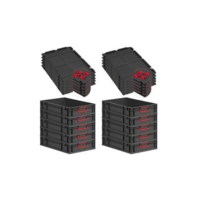 PROREGAL SparSet 10x Eurobox NextGen Color mit Auflagedeckel & Verschlüsse, HxBxT 12x40x60cm, 23L, Schwarz, Griffe rot zu, Eurobehälter Image