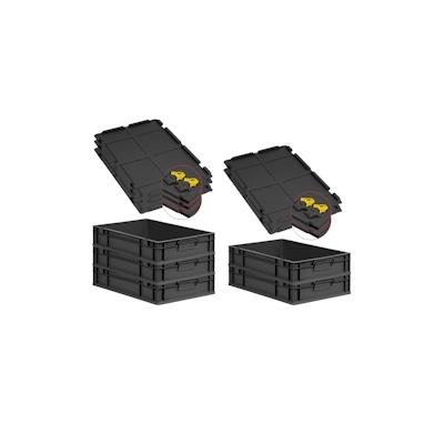 PROREGAL SuperSparSet 5x Eurobox NextGen Grip mit Scharnierdeckel & gelben Verschlüssen, HxBxT 12x40x60cm, 23L, Schwarz, Griffe zu, Eurobehälter Image