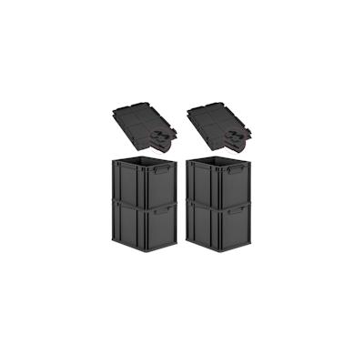 PROREGAL SuperSparSet 4x Eurobox NextGen Grip mit Scharnierdeckel & schwarzen Verschlüssen, HxBxT 32x30x40cm, 30L, Schwarz, Griffe zu, Eurobehälter Image