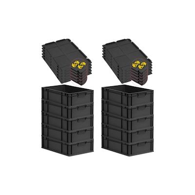 PROREGAL SparSet 10x Eurobox NextGen Grip mit Auflagedeckel & 4 gelben Verschlüssen, HxBxT 17x40x60cm, 34L, Schwarz, Griffe zu, Eurobehälter Image