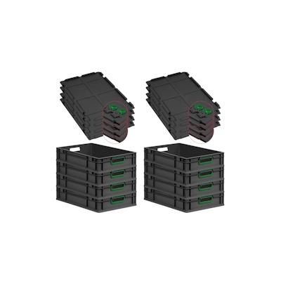PROREGAL SuperSparSet 8x Eurobox NextGen Color mit Scharnierdeckel & Verschlüssen, HxBxT 12x40x60cm, 23L, Schwarz, Griffe grün offen, Eurobehälter Image