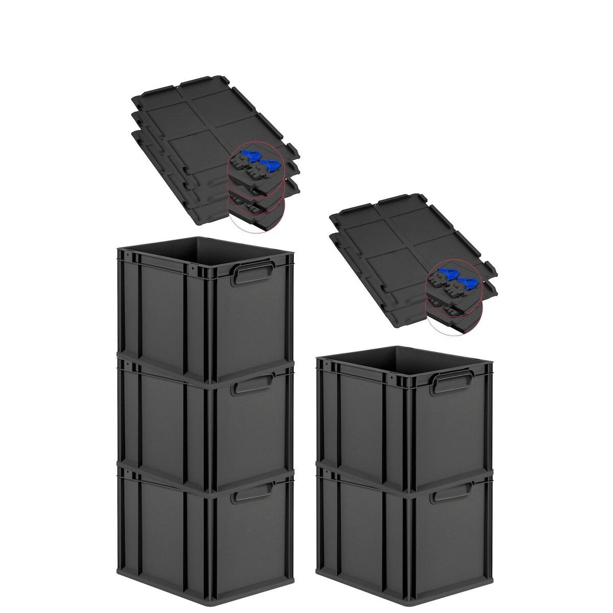 PROREGAL SuperSparSet 5x Eurobox NextGen Grip mit Scharnierdeckel & blauen Verschlüssen, HxBxT 32x30x40cm, 30L, Schwarz, Griffe zu, Eurobehälter Image