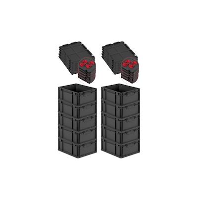 PROREGAL SuperSparSet 10x Eurobox NextGen Grip mit Auflagedeckel & 4 roten Verschlüssen, HxBxT 17x30x40cm, 16L, Schwarz, Griffe zu, Eurobehälter Image