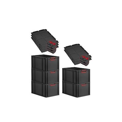 PROREGAL SuperSparSet 5x Eurobox NextGen Color mit Scharnierdeckel & Verschlüssen, HxBxT 32x40x60cm, 65L, Schwarz, Griffe rot zu, Eurobehälter Image