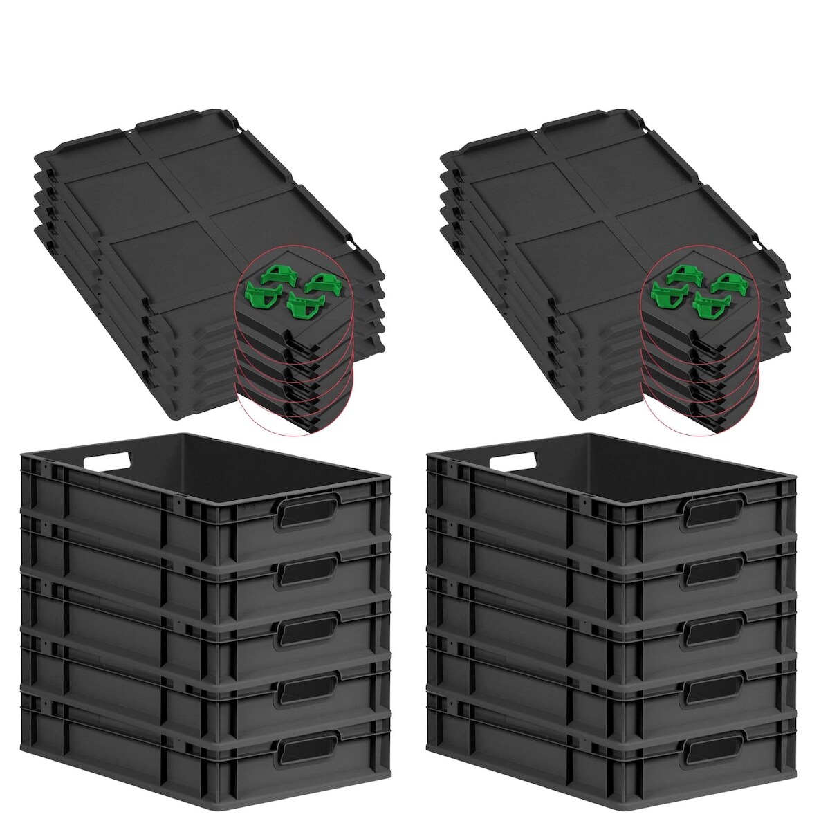 PROREGAL SparSet 10x Eurobox NextGen Grip mit Auflagedeckel & 4 grünen Verschlüssen, HxBxT 12x40x60cm, 23L, Schwarz, Griffe offen, Eurobehälter Image