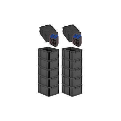 PROREGAL SparSet 10x Eurobox NextGen Grip mit Auflagedeckel & 4 blauen Verschlüssen, HxBxT 22x30x40cm, 20L, Schwarz, Griffe zu, Eurobehälter Image