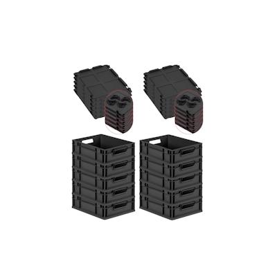 PROREGAL SuperSparSet 10x Eurobox NextGen Grip mit Scharnierdeckel & schwarzen Verschlüssen, HxBxT 12x30x40cm, 11L, Schwarz, Griffe offen, Box Image