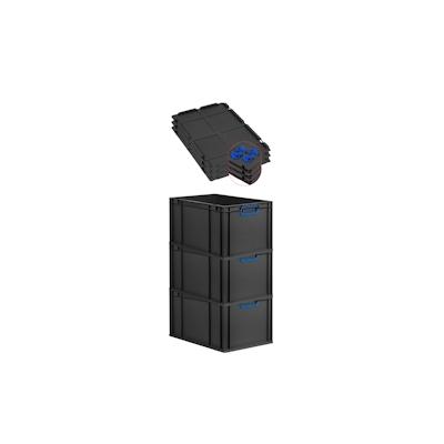 PROREGAL SuperSparSet 3x Eurobox NextGen Color mit Auflagedeckel & Verschlüsse, HxBxT 32x40x60cm, 65L, Schwarz, Griffe blau zu, Eurobehälter