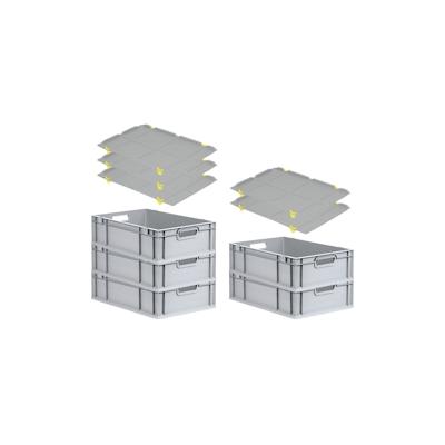 PROREGAL SuperSparSet 5x Eurobox NextGen Grip mit Auflagedeckel & 4 gelben Verschlüssen, HxBxT 17x40x60cm, 34L, Grau, Griffe offen, Eurobehälter Image