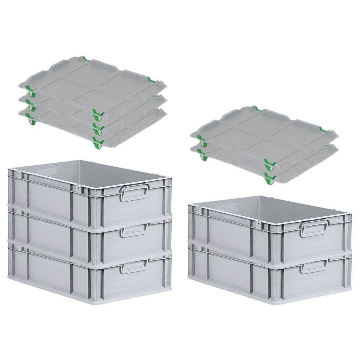 PROREGAL SuperSparSet 5x Eurobox NextGen Grip mit Auflagedeckel & 4 grünen Verschlüssen, HxBxT 17x40x60cm, 34L, Grau, Griffe zu, Eurobehälter Image