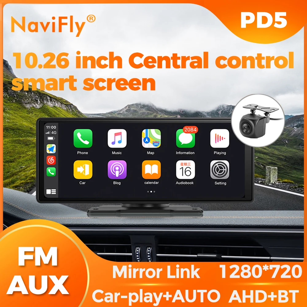 Navifly 10,26 "1280*720 HD Touchscreen Auto Spiegel Radio Multimedia Video Player Universal Wireless Carplay Android Auto FM AUX Image