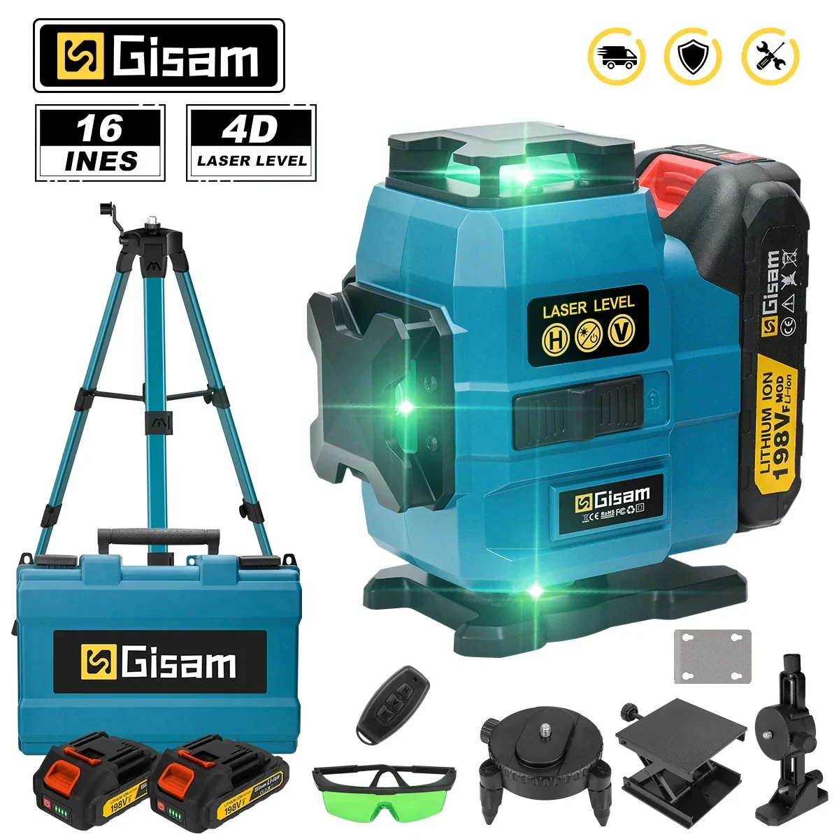 G nto 16 Linien 4D-Laser-Laser-Nivelliergerät, selbstnivellierend, leistungsstarker grüner Strahl, 360 horizontal und vertikal, für 18-V-Batteriestifte von Makita Image