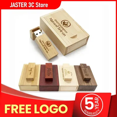 JASTER 1PCS Kostenlose Individuelle Logo Fotografie Holz + Box USB-Flash-Laufwerk Memory Stick Pendrive 64GB 16GB 32GB 8GB 4GB Hochzeit Geschenke Image
