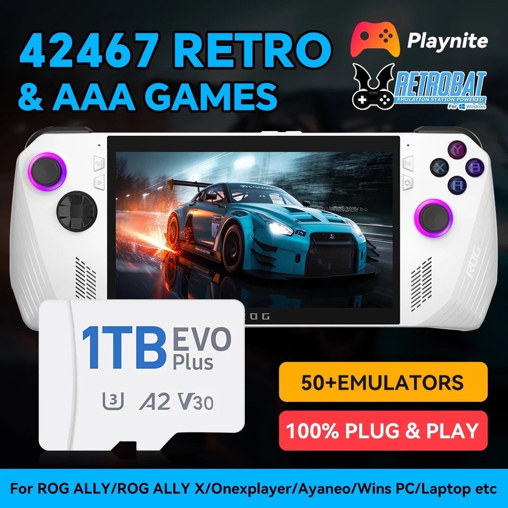Retrobat & Playnite 1 TB Spiel-TF-Karte mit 42467 Retro- und AAA-Spielen für ROG ALLY/Onexplayer/Wins Handheld/PC für PS3/PS2/Switch/WiiU