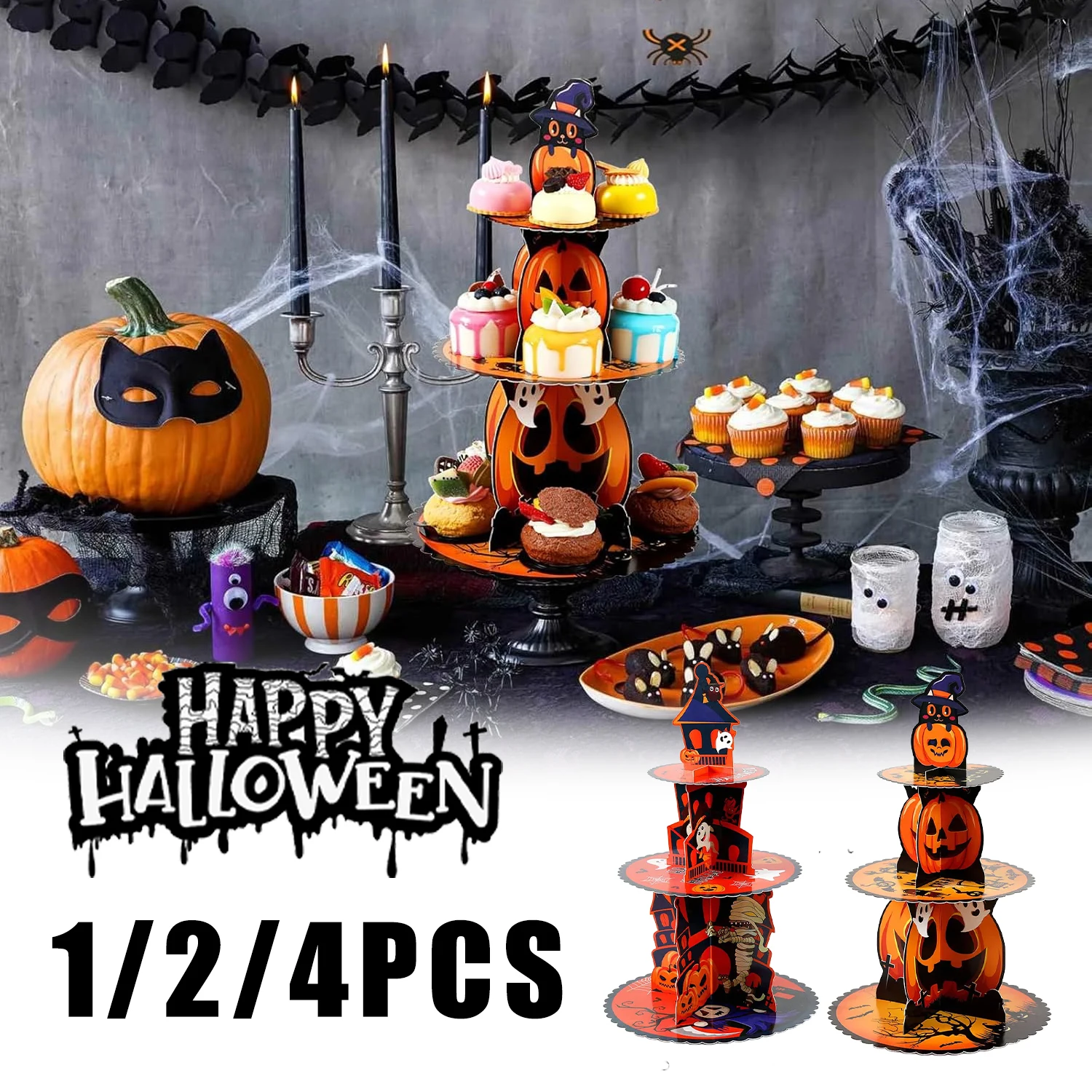 Neuester 3-stufiger Cupcake-Ständer mit Kürbismotiv, Halloween-Dessertturm, Pappräsentation, gruselige Party-Dekoration, schnelle Montage, Geschirr Image