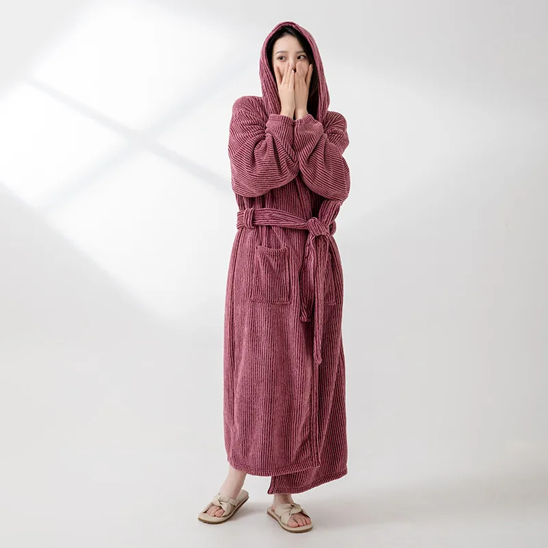 Gestreifter Bademantel für Damen, Korallen-Fleece-Kimono, übergroßer Bademantel mit Kapuze, saugfähig, schnell trocknend, für Paare, Heimkleidung, Loungewear Image