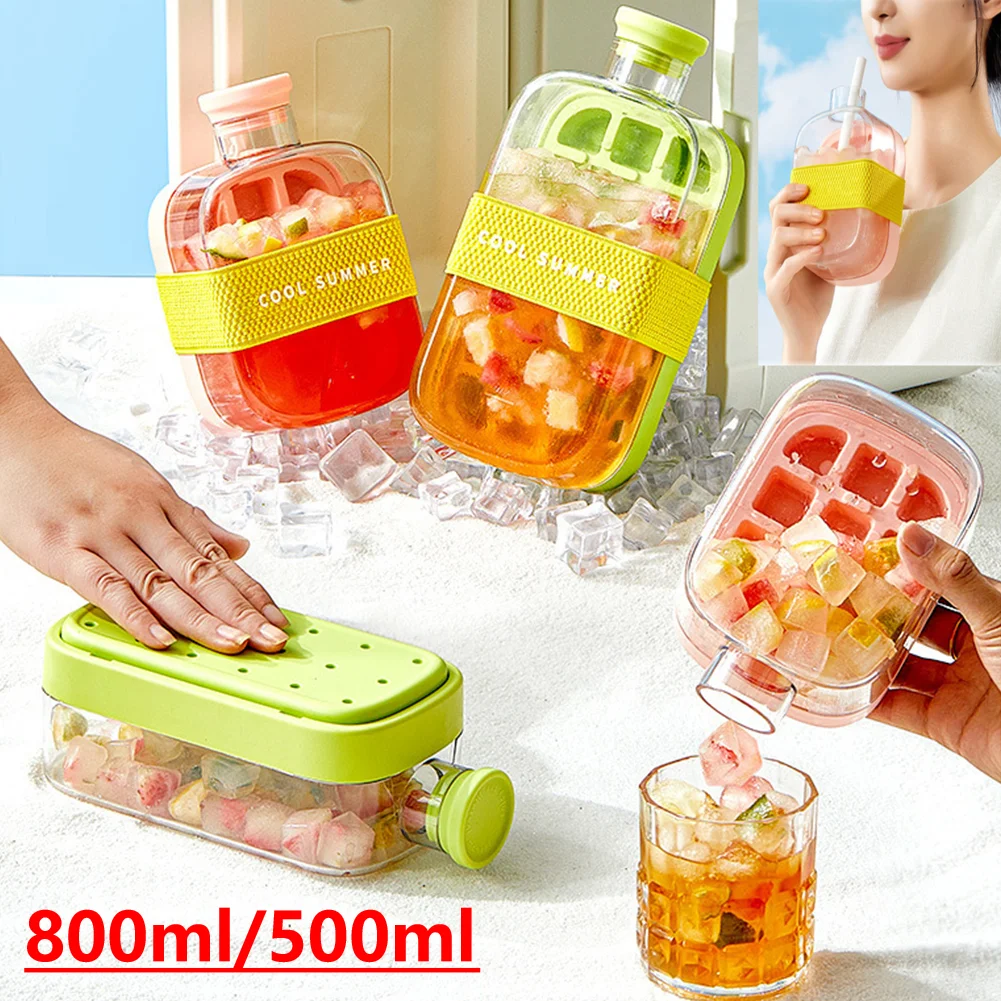 500/800 ml 2-in-1-Eiswürfel-Wasserflaschen-Set, tragbarer Eisbereiter-Wasserkocher mit einem Klick und Strohhalm, Lce-Herstellungsbecher, Outdoor-Fitness-Getränk Image