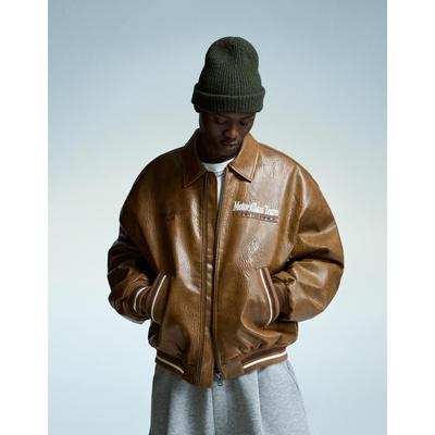 Bershka Leather Effect Embroidered Jacket Men M Camel