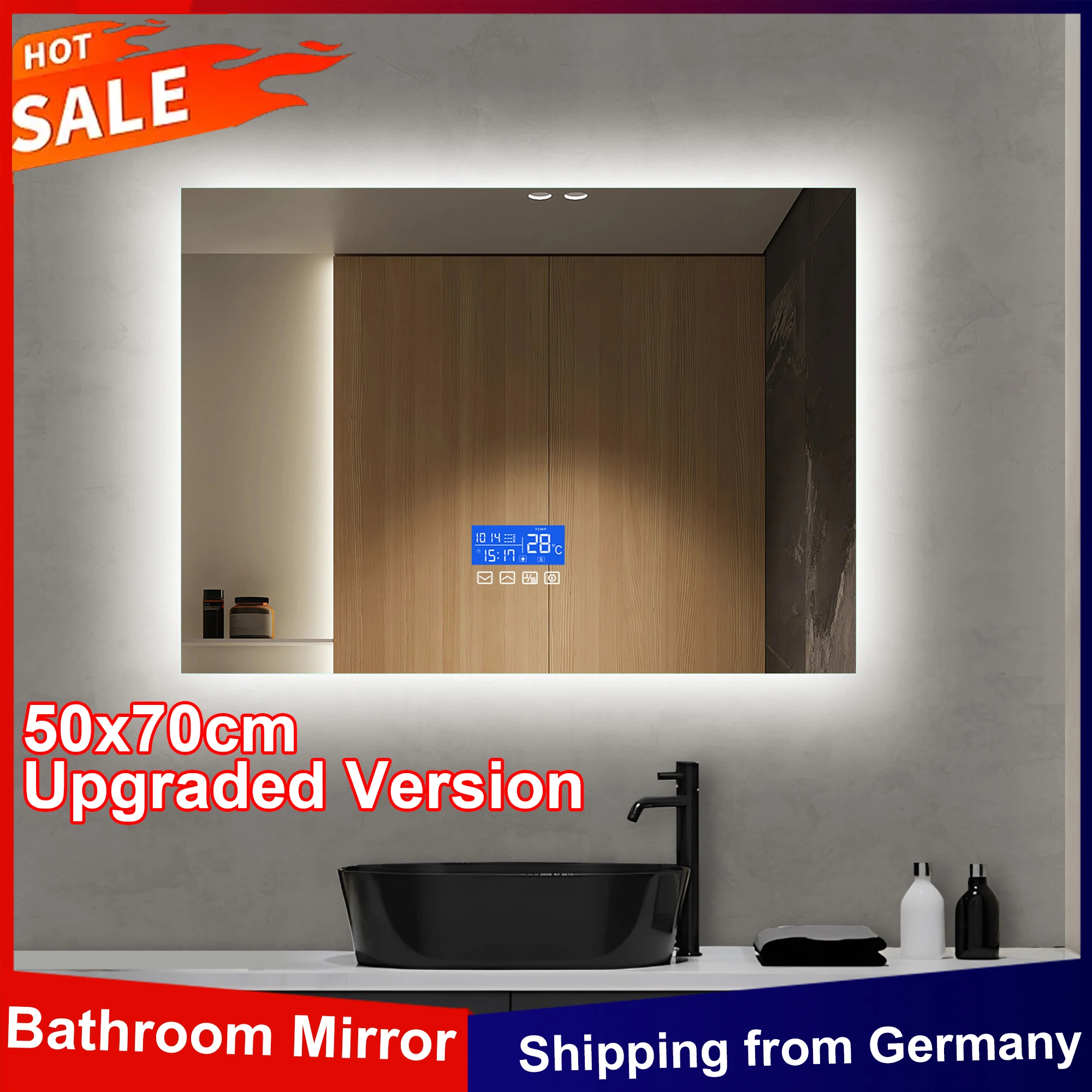 Anajqaqia 50 x 70 cm großer Badezimmerspiegel, mit LED-Licht, Temperaturanzeige und 3 einstellbaren Helligkeiten und Antibeschlag, rahmenlos, Wandspiegel