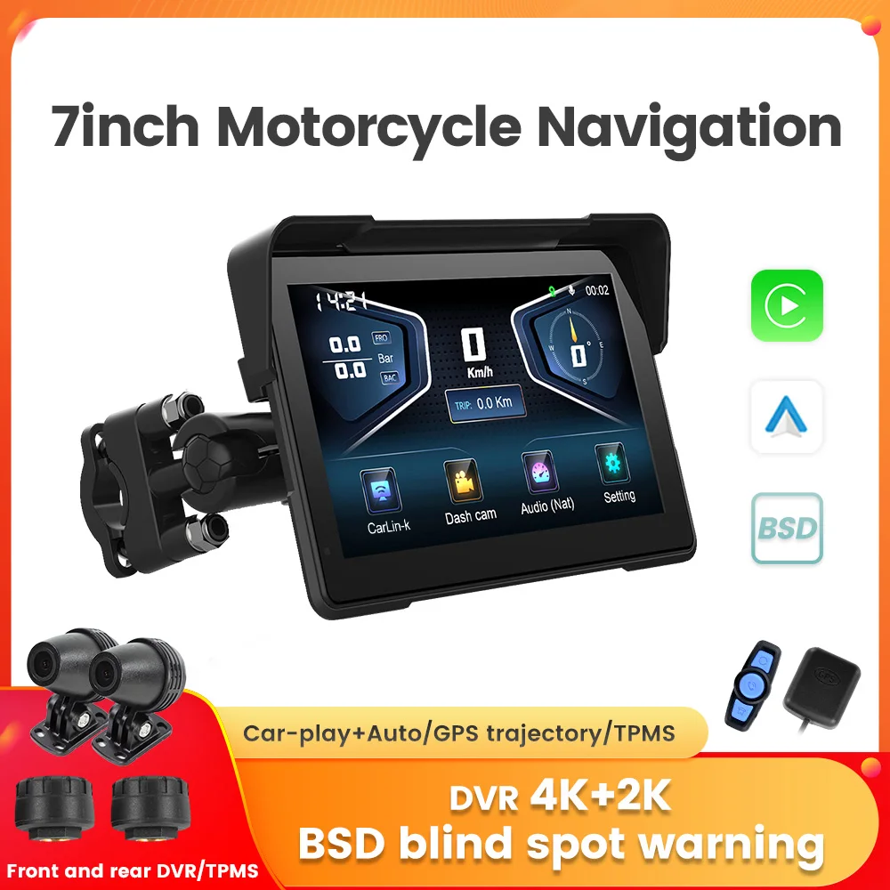 7 zoll Tragbare Motorrad intelligente Carplay + AUTO GPS Navigation IP67 Wasserdichte BSD Blind Spot system DVR Recorder TPMS Image